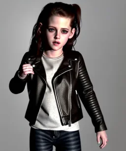 Kristen stewart toddler, full body, leather jacket, dramatic lighting, hyper realistic