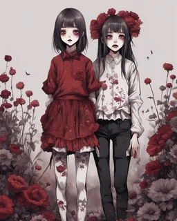 illustration in two gradually, a one side girl with ragged clothes and other side Girl mount a small flower, fullbody,Junji Ito style, darkred tones,high detailed, 4k resolution, digital paiting, cute, art,