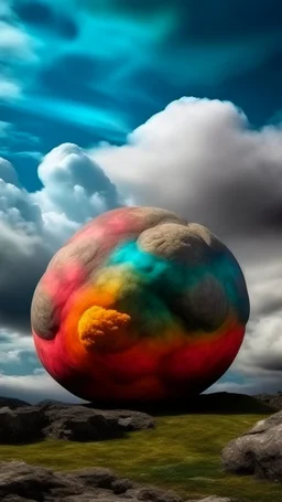 Scary big stone ball standing with multicolored smoke and big clouds in sky in the background