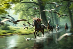 oil painting ,motion blur running caped long haired pixie Quickling - Forgotten Realms dodging geese above water and along winding branches in lush green forest along speeding horses , bokeh like f/0.8, tilt-shift lens 8k, high detail, smooth render, down-light, unreal engine, prize winning