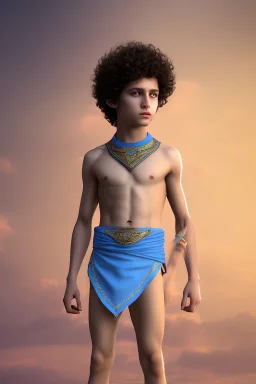 beautiful 12 year old arabic boy with curly hair and light blue eyes dressed in short loincloth