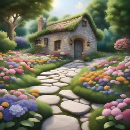 beautiful flowers garden, nature stone pad in between flowers leading to the cottage of your dreams