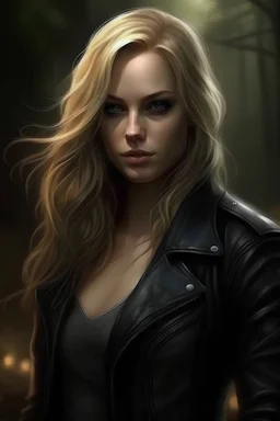 front page picture for dark fantasy / paranormal romance. A woman with blond hair and almond shaped grey eyes. She is a guild hunter and often wears tight pants and a leather jacket. I want there to be some surroundings and perhaps 6 men