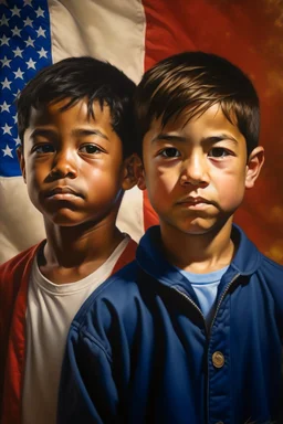 an expressive painting of a European , and African , and asian , and Hispanic, boys together in a painting, with American flag in the background, we might see a companion with features of absolute strength and determination, blended with warmth and deep faith. Perhaps his face expresses wisdom and courage, with eyes radiating confidence and faith.
