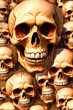 a field of 1000s of cartoonish, anatomically correct, skulls, vivid RANDOM BRIGHT neon colors, dark comedy, well lit, high detail, photorealistic, horrorcore, fun, scary, none featured, each a different color or hue,