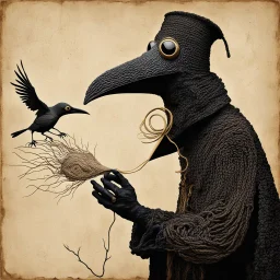 Plague Doctor surreal composition by Joan Miro and Salvador Dali and Dave McKean, Abstract yarn art Medieval Plague Doctor beak mask feeding cartoon birds, surreal 3D abstract crochet art, heavy yarn textures, absurd knitted absurdities, weirdcore, Dada movement abstract art