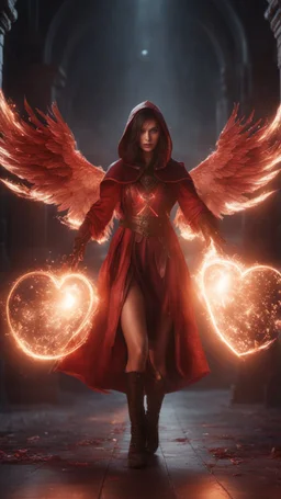 Wizard girl with a heart bleed in her hands, half demon and half angel, sparks around, 8k, high detail, smooth render, unreal engine 5, cinema 4d, HDR, dust effect, vivid colors,