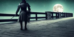 A Medieval Soldier walking on the bridge , night , full moon , realistic , high resolution , HD , 1920pX1080p , dark