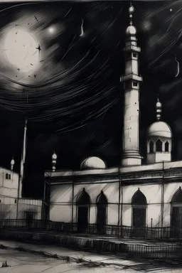 gaza mosque drawing by starry night style in charcoal