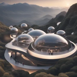 perspective viewpoint in the mountains, in the form of spheres and ovals, people, men, women, incredibly hyper-detailed, ZahanHadid style architecture 4k