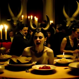 Movie shot, spooky, ultra realistic distress, horns macabre ritual dining, mask, ultra realistic hot woman, pieces of meat silver organic dynamic anguish, excited and lively scene, hot women, hypermaximalist figures, creepy, Alfred Hitchcock, Sam Raimi, insanely detailed, sinister, ornate