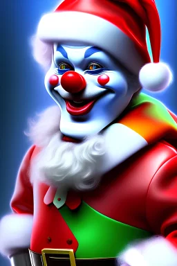 Clown from IT dressed in a santa outfit,high detail, volumetric lighting, tiny features, intricate detail,volumetric clouds