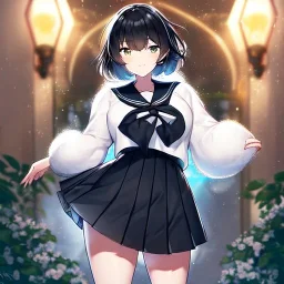 Clear focus, High resolution, fluffy black short hair, dark green eyes, wearing a black sailor uniform and pleated black skirt, fluffy hair, detailed outfit