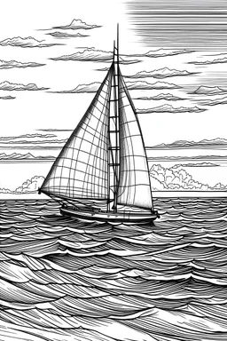 A sailboat glides gracefully across the endless expanse of a tranquil, azure ocean, its sails billowing in the gentle breeze. The vastness of the open sea stretches as far as the eye can see, offering a profound sense of boundless freedom and adventure..coloring book page, simple and clean line art, adult drawing book, black and white, crisp black lines, no shades, sharp lines, coloring book for adults, cartoon style, landscape