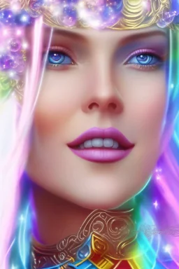 cosmic woman smile, admiral from the future, one fine whole face, crystalline skin, expressive blue eyes,rainbow, smiling lips, very nice smile, costume pleiadian, Beautiful tall woman pleiadian Galactic commander, ship, perfect datailed golden galactic suit, high rank, long blond hair, hand whit five perfect detailed finger, amazing big blue eyes, smilling mouth, high drfinition lips, cosmic happiness, bright colors, blue, pink, gold, jewels, realist, high commander