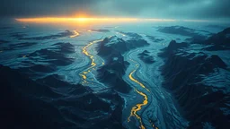 realistic photo, aerial view of a rainy landscape covered in glaciers and sulfur that looks futuristic with futuristic lighting, horizon