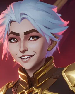 d&d character, female, cleric, happy, armor, white hair, gold eyes, smile