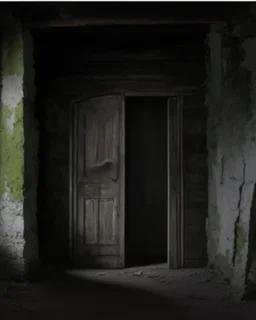 An ancient, weathered door stands in an abandoned house, shrouded in deep, engulfing darkness. The walls are rough and covered in moss and dust, with wooden beams crumbling and floors uneven. The faint light coming from a small particle of the philosopher's stone, placed mysteriously near the door, emits a warm, surreal glow, contrasting with the surrounding darkness. The stone’s light weakly illuminates the nearby area, casting long, eerie shadows. The atmosphere is thick with mystery and tensi