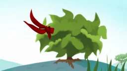 fantasy cartoon illustration: a shrub on a hill, there is a red ribbon on the shrub