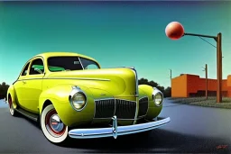 a true-to-life 1940 ford coupe, two-tone paintwork, classic hotrod wheels, pen and color marker, centered, intricate, extreme detailed, photorealism, center view, 1950s drive-in background, pivot on ford, painting by cheryl kelley