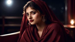 Hyper Realistic Photographic-close-view of Young Beautiful Pashto Girl with-beautiful-eyes-&-lips in a Maroon-dress-&-black-shawl & giving bold expressions-with-little-smile sitting on a rocking-chair with beautiful moonlight-rays-on-her-face at night inside a dark lounge showing dramatic & cinematic ambiance.