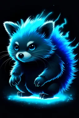 An electric blue furred Tanuki with a lightning bolt shaped tail, crackling with energy and possessing intense glowing blue eyes. The creature, named Voltanuki, stands on all fours, its fur sparking with electricity as it is surrounded by a visible aura of crackling energy. It has an almost ethereal glow that sets it apart from its traditional counterpart. In the background, one can see a bolt of lightning striking the ground, releasing a powerful surge of energy that seems to fuel Voltanuki's e