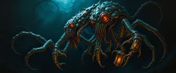 master oil painting by Rembrandt, good afternoon gremlin orc Fathomlurker "An abyssal creature with translucent skin revealing writhing organs, many spindly legs and elongated fingers, eyes like lanterns scattered across its body, tentacles that ripple silently, lurking in black depths, almost invisible, emitting an eerie blue glow."