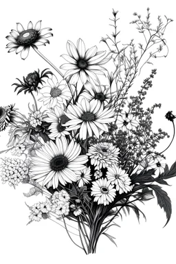 wild flowers bouquet drawing black and white