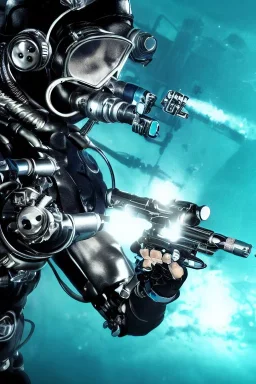 diver like a cyborg,with a gun,hi quality detail,textures,cinematic,aqua