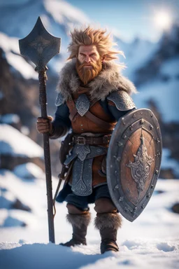 knee deep in snow, epic hero norseman with wild hair, short ears, and big holy ornamented shield Under stjerners gnist Vi går som ett, vår tro et løfte ,bokeh like f/0.8, tilt-shift lens 8k, high detail, smooth render, down-light, unreal engine, prize winning