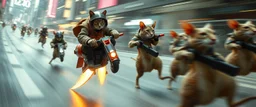 arch rocket ship on leaning scooter coated cat captain in high speed pursuit among neon rat cyber soldiers, with background motion blur