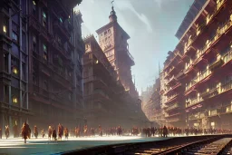 Elevated Train pass+trains+ corner building on sea+genoa street+turin+Italian medieval town+Italian city+alphonse mucha, greg rutkowski,matte painting, cryengine, hyper detailed, felix kelly, fantasy art, seb mckinnon