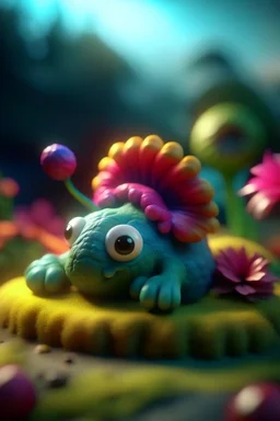 portrait cute fluffy toy wolly mammoth snail in a water slide holding weird flowers in his trunk in the style of pixar, on a strange planet with weird colors and wind turbines, bokeh like f/0.8, tilt-shift lens 8k, high detail, smooth render, down-light, unreal engine, prize winning