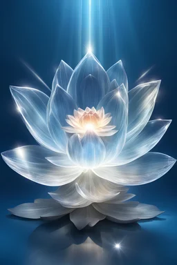 fiore di loto di cristallo trasparente con raggi di luce dal centro del fiore verso l'alto su sfondo azzurro