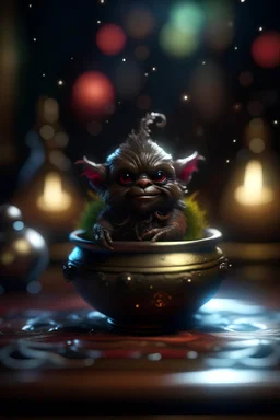 magical alchemists nightmare, cauldron with shining sigil and containing a slightly alien fur ball gremlin in it, prize winning oil painting, ,bokeh like f/0.8, tilt-shift lens 8k, high detail, smooth render, down-light, unreal engine