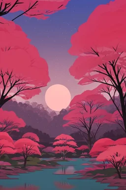 a land scape of Japanese garden, big red moon, red light, black sky, starlight night , surrounded by cherry blossom trees, cel shading