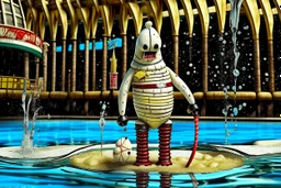 Dejected mottled lovecraftian anthropomorphic marshmallow man creature wearing a vintage 1920's vertical striped bathing suit holding a melting ice cream cone, surreal digital photograph, clear depth of field, in far distant background is a public swimming pool with someone floating face down in the middle, circular life preserver on a pole, surreal, dramatic, sinister, fantastical, complex contrast, dynamic