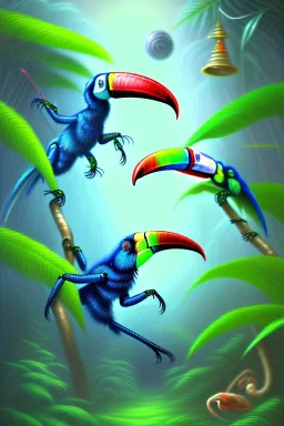 blue spider fight with one toucan, jungle setting, soft pastel colors, mystical, acrylic paint, mystical, dreamlike,