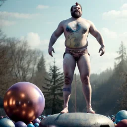 Ultra realistic circus scene. Classic Naked strongman, waist up view, old school tattoo, Wes Anderson style, happy, bubbles, butterflys, highly detailed, concept art, unreal engine 5, god rays, ray tracing, RTX, lumen lighting, ultra detail, volumetric lighting, 3d, finely drawn, high definition, high resolution.