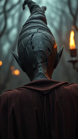 Busch painting style nightmare, a zoomed rear view of a witch by his face skin is a rusted broken metallic skin texture in a 3d rendering full-height image of a grim and dark scene. Ensure the final images exhibit the utmost quality, encompassing 4K, 8K, and 64K resolutions, with 3D rendering that manifests in photorealistic, hyperrealistic, and highly detailed representations. Employ techniques such as HDR, UHD,