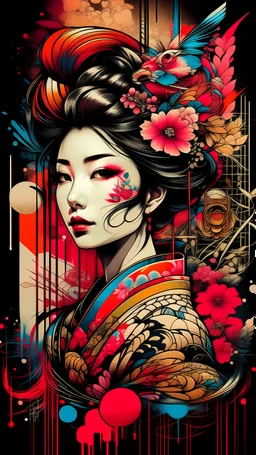 Meticulous double exposure illustration of a beautiful Geisha, hand-rendered in high-quality liquid pen and ink, adorned in a stunning palette of triadic colors. Nestled within a vintage and flat 2D space, the art is given depth by a complex background that dances with mystic allure, masterfully captured in the styles of Craola, Dan Mumford, and Andy Kehoe. Bearing the marks of a well-loved storybook, the artwork is splashed onto