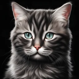 realistic kitty portrait, black background.