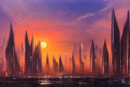 Futuristic city, people, sunset, sci-fi, epic, philip wilson steer influence, hd, realistic painting