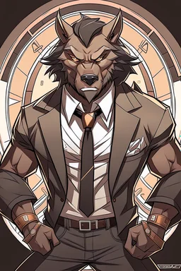 Buff, anthro, wolf, himbo, black fur, gold eyes, wearing a suit, full-body, muscles, strong, muscular, man boobs, bulky, tail, dark fur, smug grin, hands on hips,