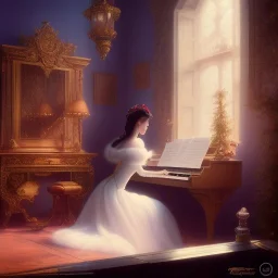 hyper 16K detailed picture, gorgeous snow white princess playing piano near window. Full length portrait paint, 16k concept art by Greg Rutkowski, Artgerm, WLOP, Alphonse Mucha, dynamic lighting, hyper detail, intricately detailed art, Artstation process color trends, Unreal Engine 5 volumetric lighting.