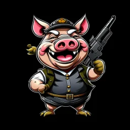 Little pig laughing, armed with a gun, cartoon style, James Bond style, vivid and dark colors, transparent background, 32k UHD