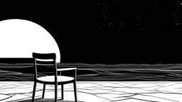 An contemplative and abstract illustration by Malevich and Kuniyoshi of a black and white night desert landscape with a small and minimalist empty chair.