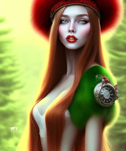 beautiful girl, red long hair, corsage, smile, green eyes, fellmütze, große oberweite at forest fantasy art