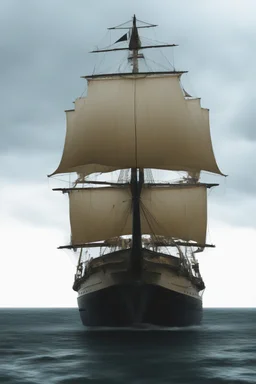 Ship front view. Spider figurehead at night with stormy weather