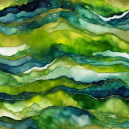 Alcohol ink art tile pattern. Vibrant, fantasy, delicate, ethereal. Sea. Shades of lime green, grey, dark blue, white. waves on shore. Background gold ink drip.